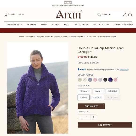 Aran Crafts $140 Merino Cardigan Sweater Double Collar Zip - Picture 8 of 10